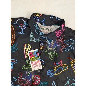 Surf Society Short Sleeve Shirt Mens XL Black Neon Sign All Over Print NWT